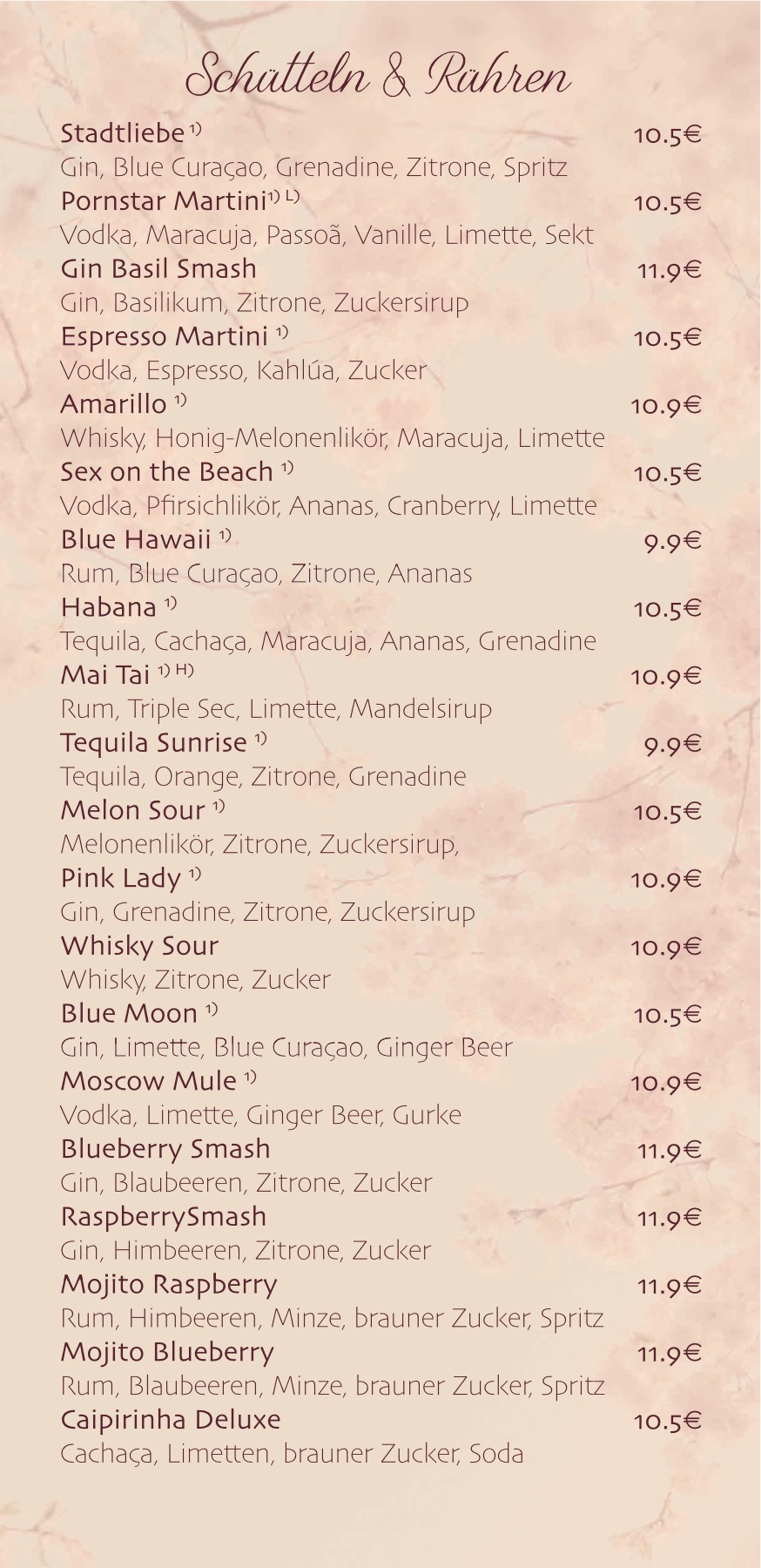 Stadtliebe Cocktailkarte Seite 1